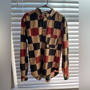 Urban outfitters red black and tan button down shirt.